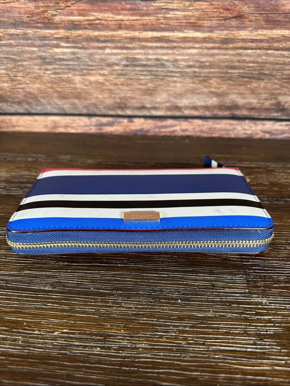 kate spade Striped Zip-Around Wallet - Blue, White, Black, Coral